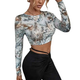 Y2K Long Sleeve Earth Print Crop Top